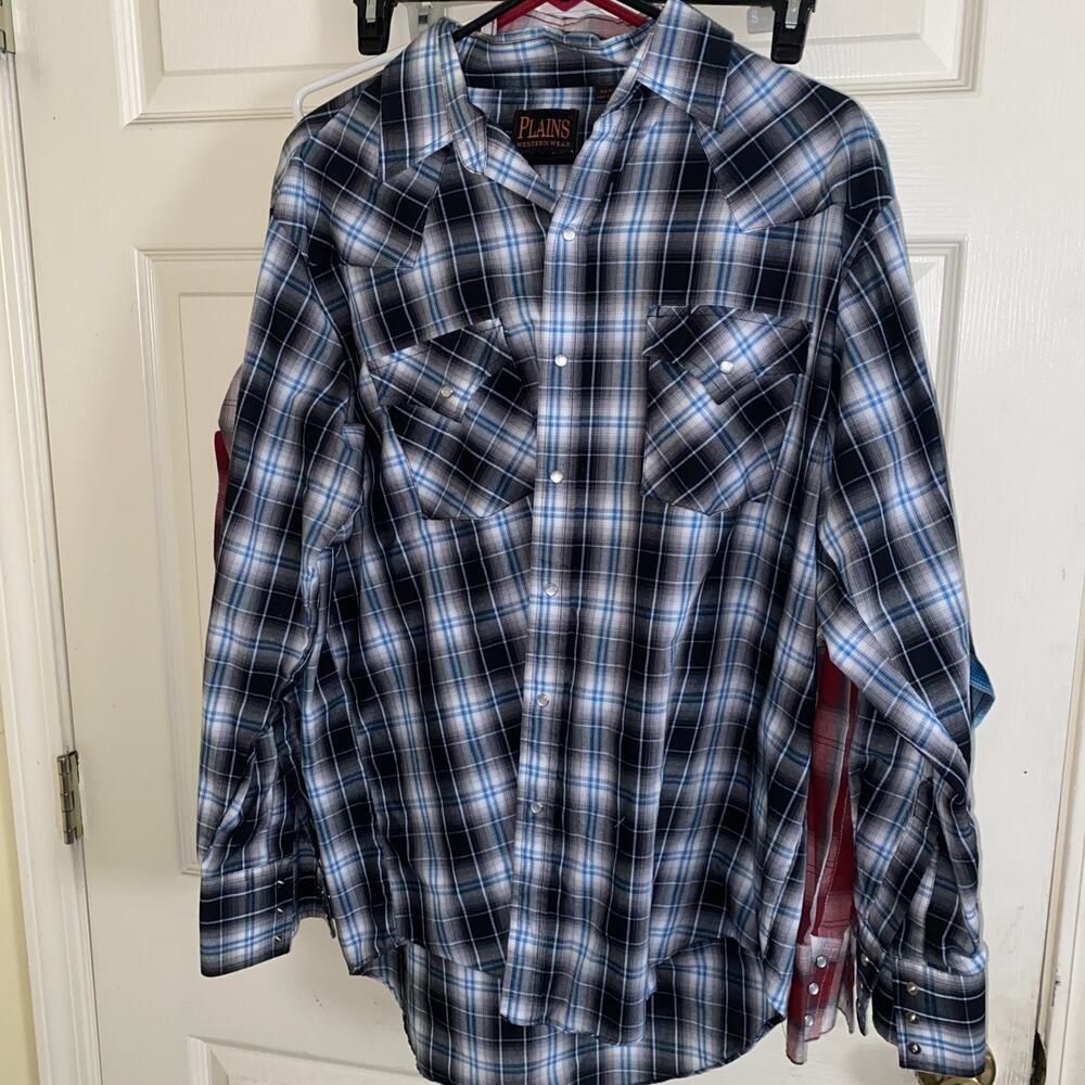 Plains Western Wear Pearl Snap Shirt Mens L Blue Plaid Cowboy Ranchware